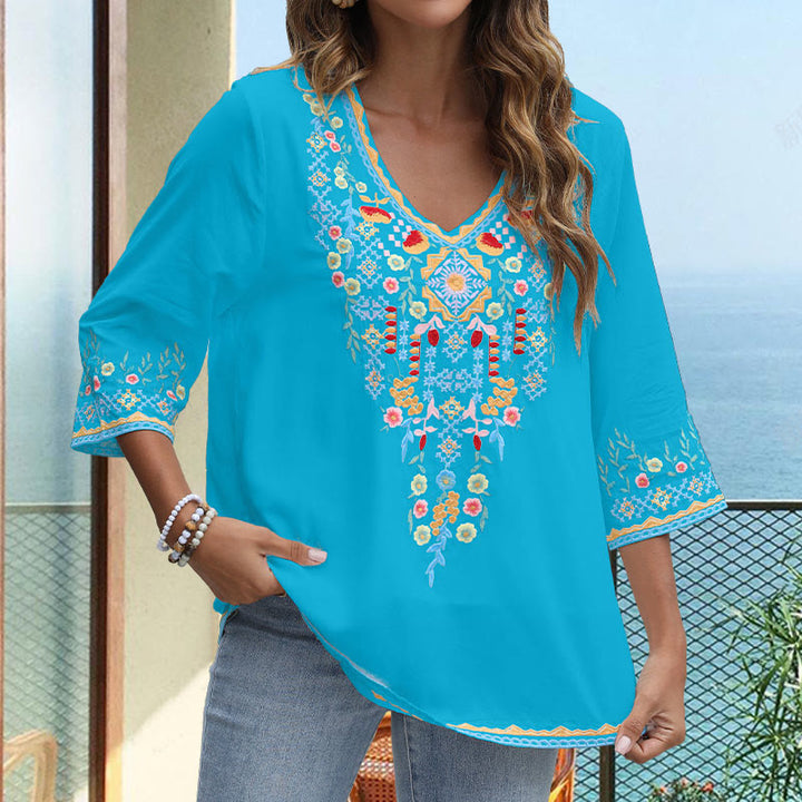 Buddha Stones Wiosna Codzienny Haft Kwiatowy Wzór Długi Rękaw Dekolt w Serek Bawełna Damska Koszulka - image 19