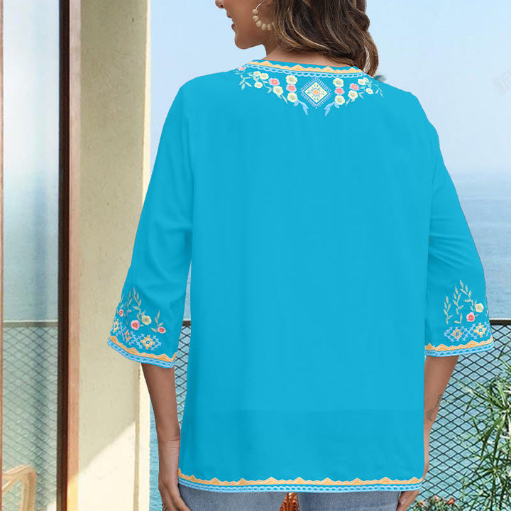 Buddha Stones Wiosna Codzienny Haft Kwiatowy Wzór Długi Rękaw Dekolt w Serek Bawełna Damska Koszulka - image 17