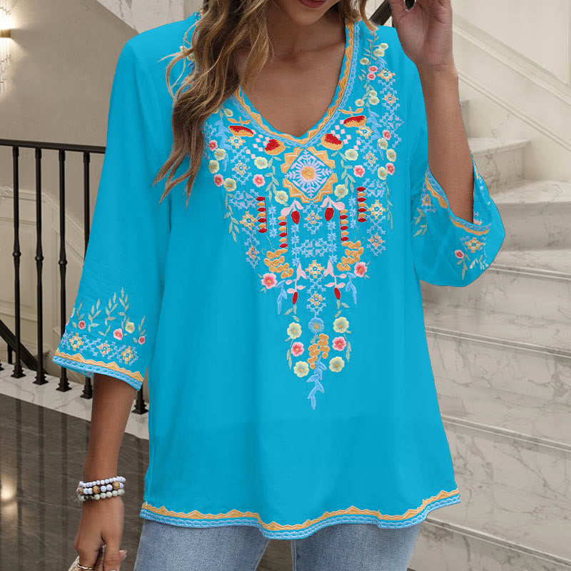 Buddha Stones Wiosna Codzienny Haft Kwiatowy Wzór Długi Rękaw Dekolt w Serek Bawełna Damska Koszulka