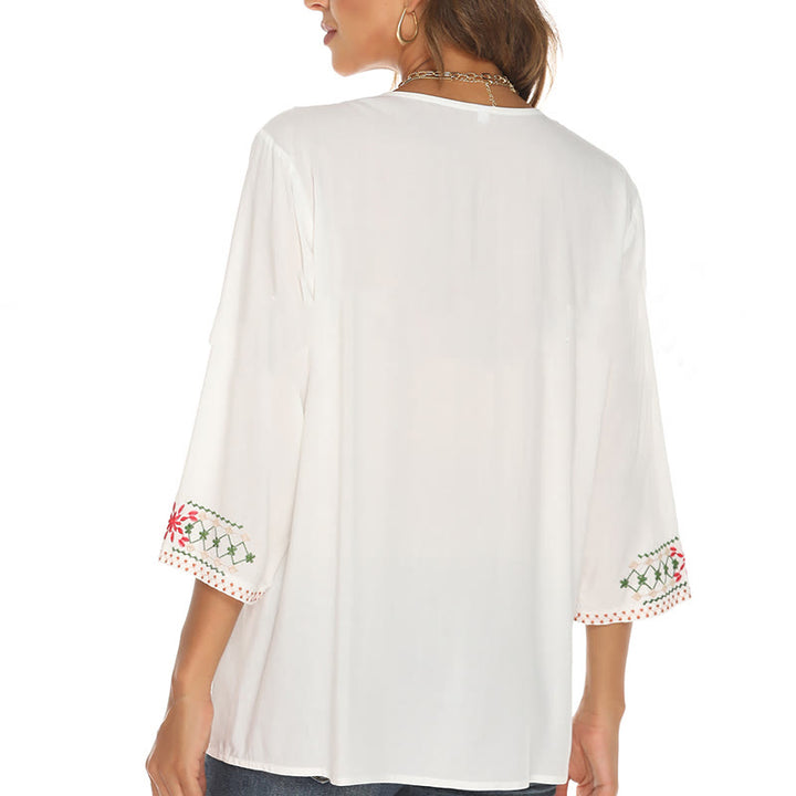 Buddha Stones Letni haft Kwiat Prosty wzór Rękaw Trzy Czwarte Dekolt w Serek Bawełniany Damski T-shirt