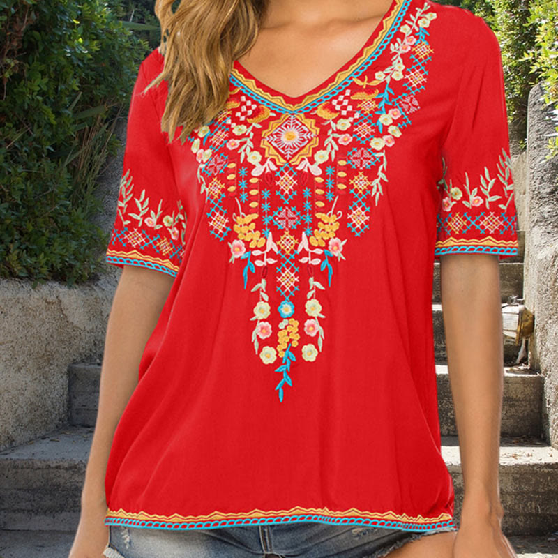 Damska koszulka z krótkim rękawem i dekoltem w serek z haftowanymi Buddha Stones i kwiatowym wzorem - Czerwony - US12, UK/AU16, EU44 (3XL) - image 6