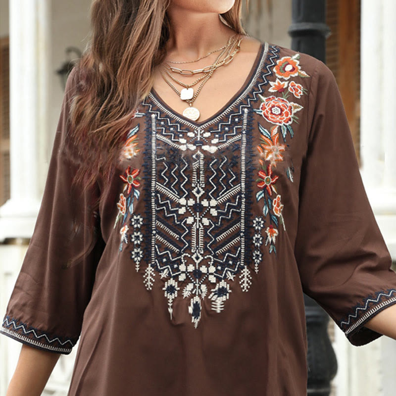 Buddha Stones Wiosna Casual Gładki Haft Kwiatowy Wzór Projekt Rękaw Trzy Czwarte Dekolt w Serek Bawełna Damska Koszulka T-shirt - image 5