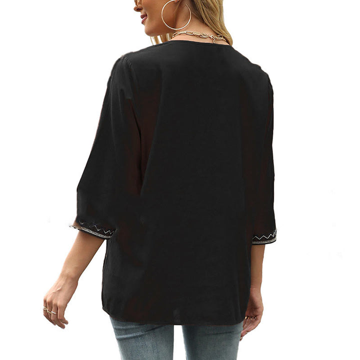 Buddha Stones Wiosna Casual Gładki Haft Kwiatowy Wzór Projekt Rękaw Trzy Czwarte Dekolt w Serek Bawełna Damska Koszulka T-shirt - image 12