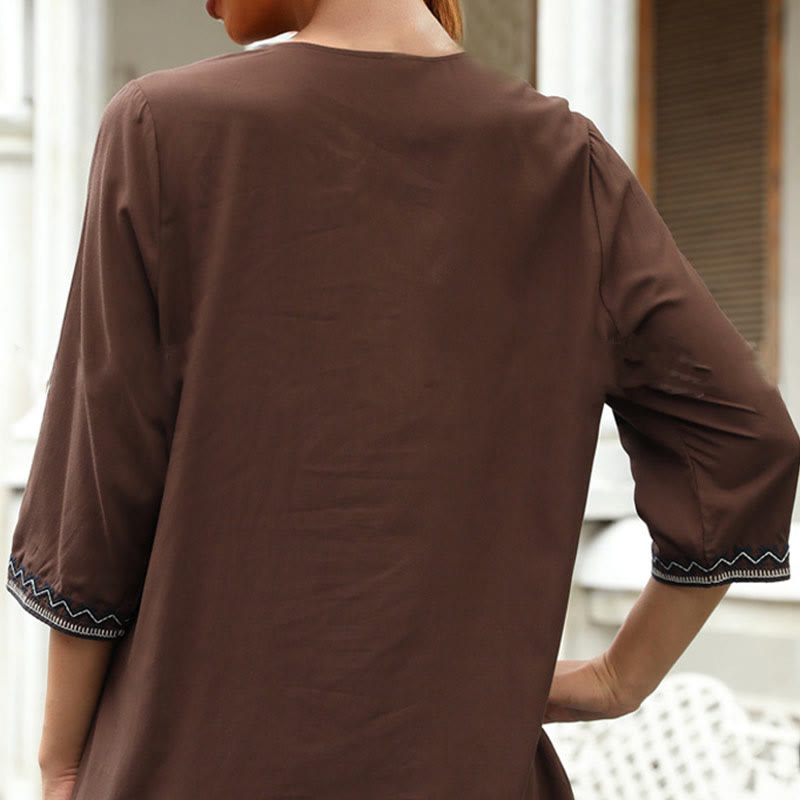 Buddha Stones Wiosna Casual Gładki Haft Kwiatowy Wzór Projekt Rękaw Trzy Czwarte Dekolt w Serek Bawełna Damska Koszulka T-shirt - image 3