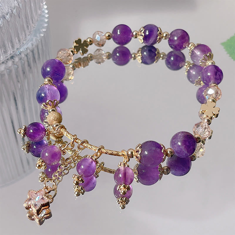 Bransoletka Buddha Stones Natural Amethyst Four Leaf Clover Star Peace