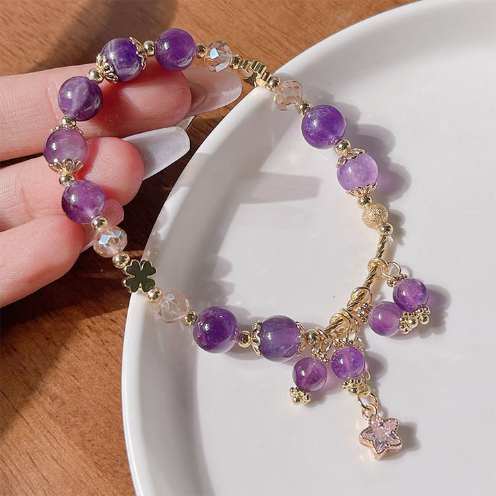 Bransoletka Buddha Stones Natural Amethyst Four Leaf Clover Star Peace