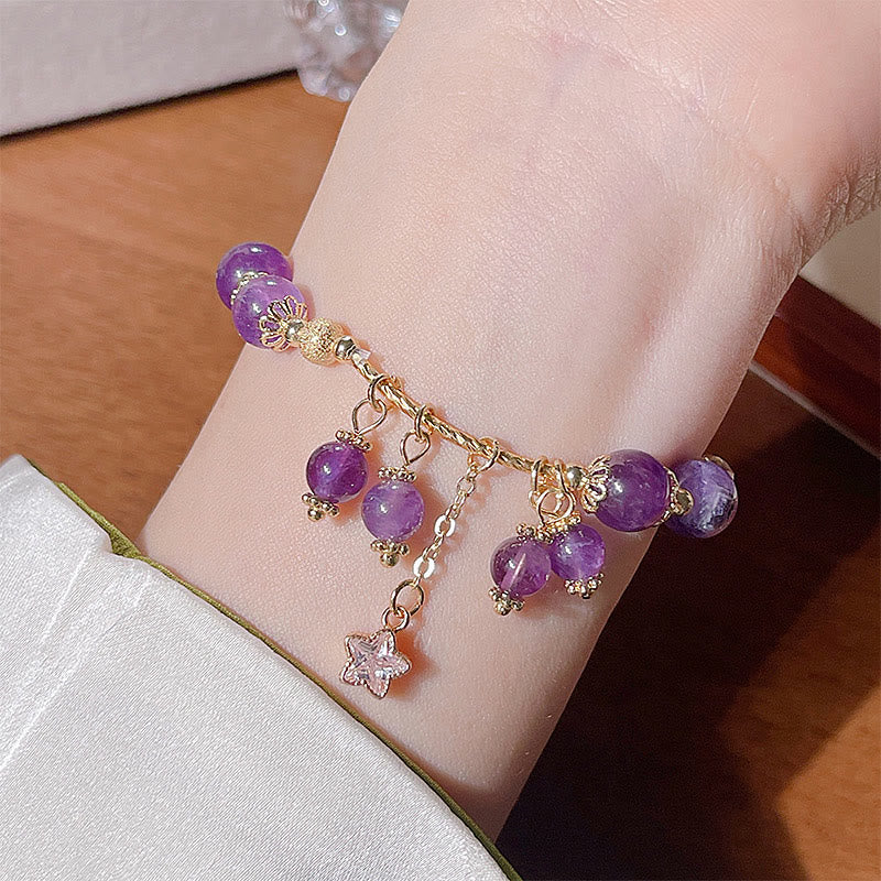 Bransoletka Buddha Stones Natural Amethyst Four Leaf Clover Star Peace