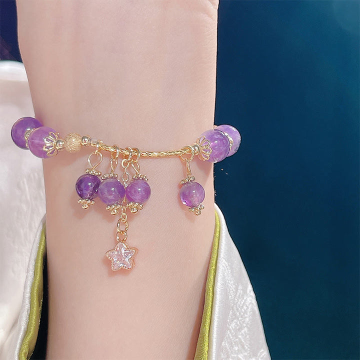 Bransoletka Buddha Stones Natural Amethyst Four Leaf Clover Star Peace