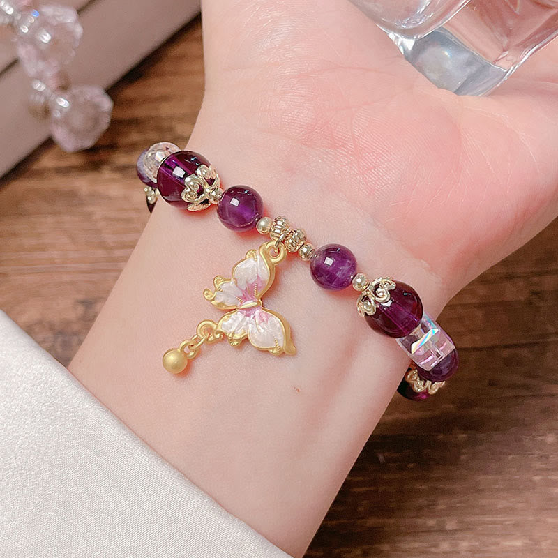 Buddha Stones Naturalny Ametyst Kamień Słoneczny Motyl Bransoletka Spokoju