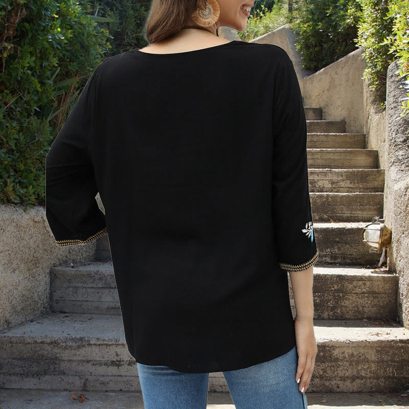 Buddha Stones Czarny Casual Haft Róża Wzór Trzy Czwarte Rękawy Okrągły Dekolt Bawełniany Damski T-shirt