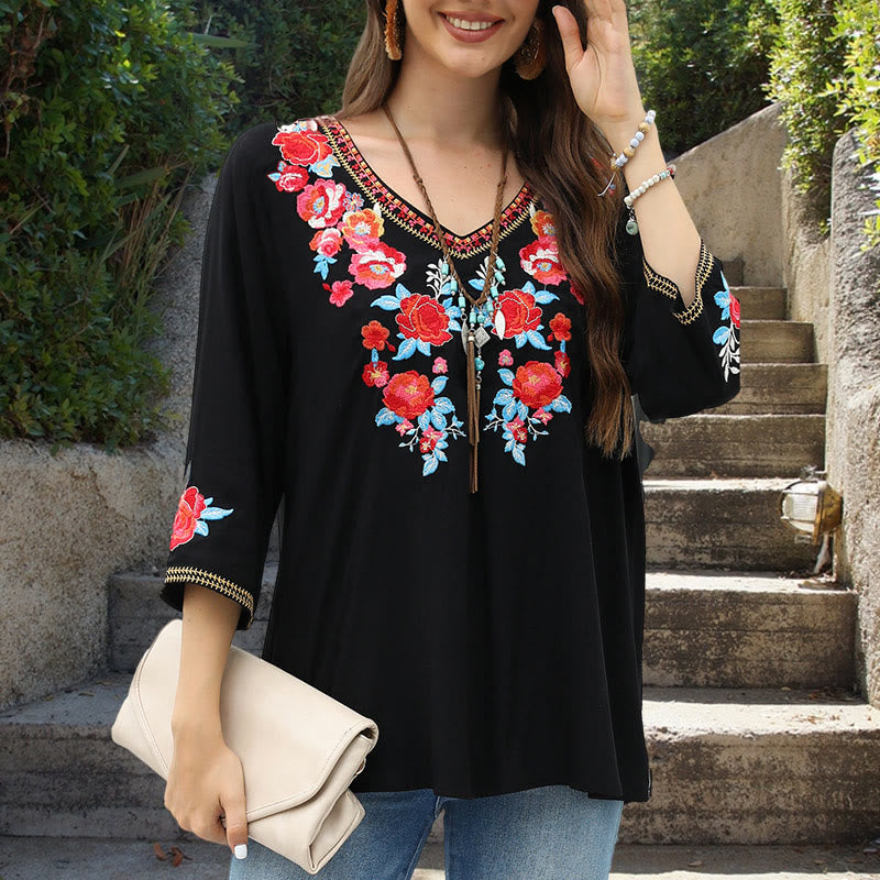Buddha Stones Czarny Casual Haft Róża Wzór Trzy Czwarte Rękawy Okrągły Dekolt Bawełniany Damski T-shirt - Czarny - US12, UK/AU16, EU44 (3XL) - image 0