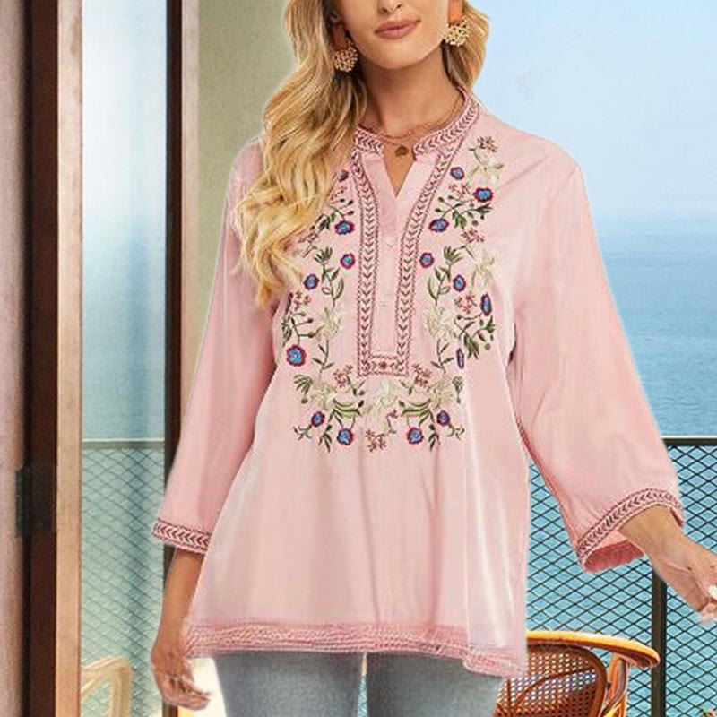 Buddha Stones Czysty Kolor Haft Kwiatowy Wzór Długi Rękaw Dekolt w Serek Bawełna Damska Koszulka T-shirt