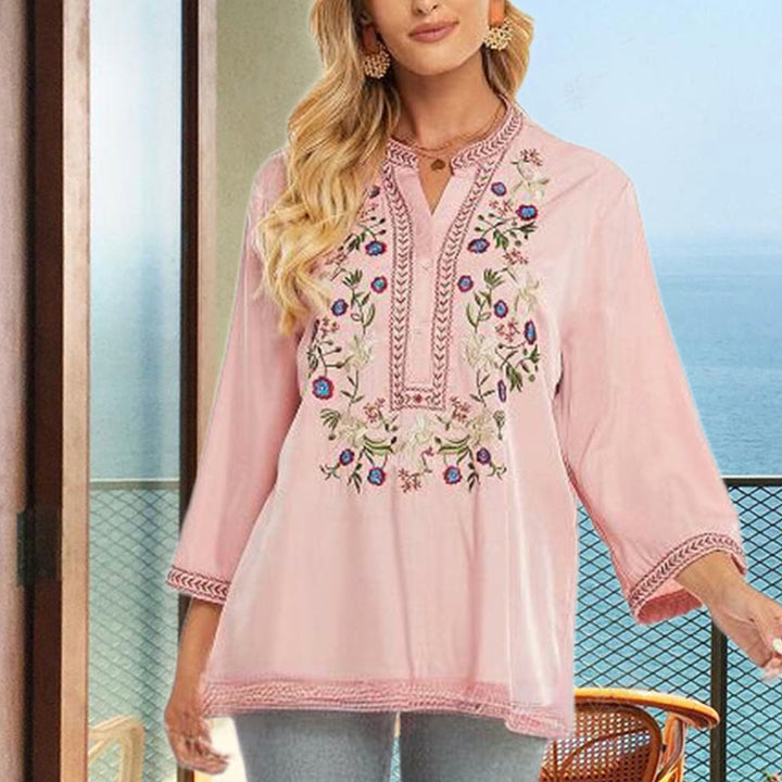 Buddha Stones Czysty Kolor Haft Kwiatowy Wzór Długi Rękaw Dekolt w Serek Bawełna Damska Koszulka T-shirt