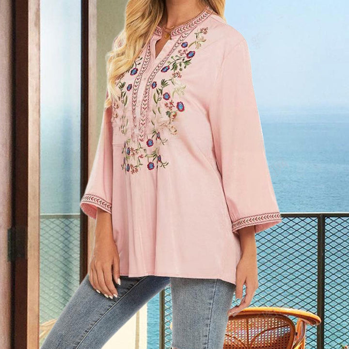 Buddha Stones Czysty Kolor Haft Kwiatowy Wzór Długi Rękaw Dekolt w Serek Bawełna Damska Koszulka T-shirt