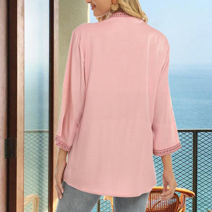 Buddha Stones Czysty Kolor Haft Kwiatowy Wzór Długi Rękaw Dekolt w Serek Bawełna Damska Koszulka T-shirt - image 4