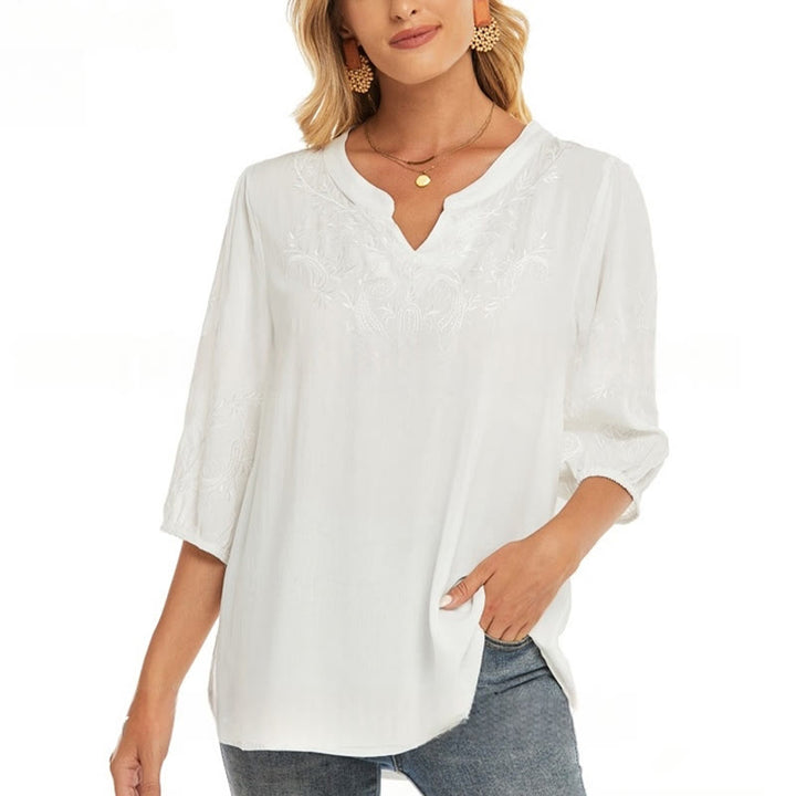 Buddha Stones Casual Jednolity Kolor Haft Kwiatowy Rękaw Trzy Czwarte Dekolt V Bawełna Damska Koszulka T-shirt