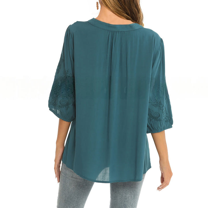 Buddha Stones Casual Jednolity Kolor Haft Kwiatowy Rękaw Trzy Czwarte Dekolt V Bawełna Damska Koszulka T-shirt