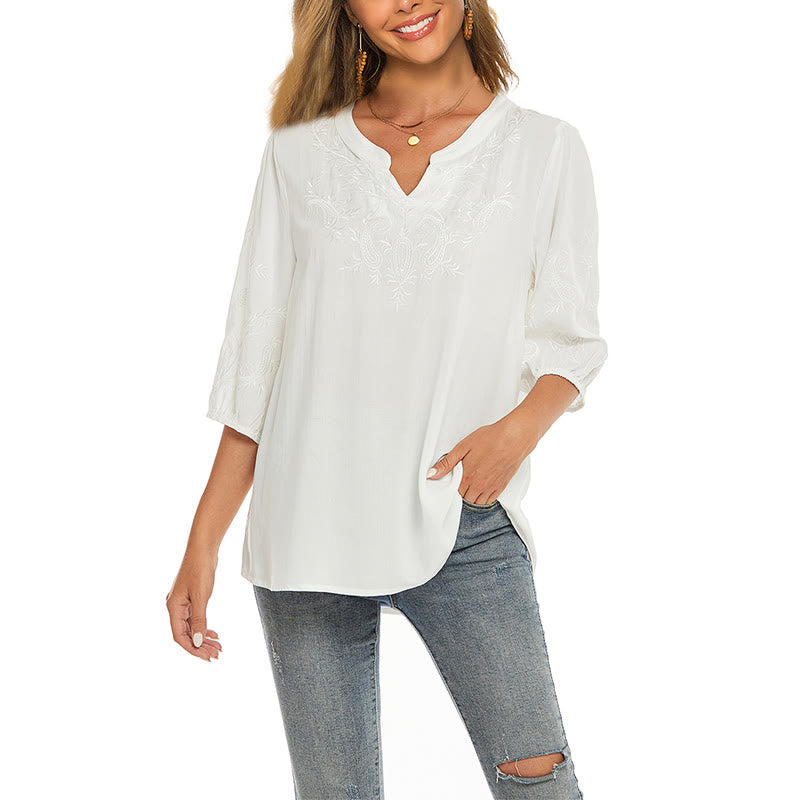 Buddha Stones Casual Jednolity Kolor Haft Kwiatowy Rękaw Trzy Czwarte Dekolt V Bawełna Damska Koszulka T-shirt - FloralWhite - US12, UK/AU16, EU44 (3XL) - image 0