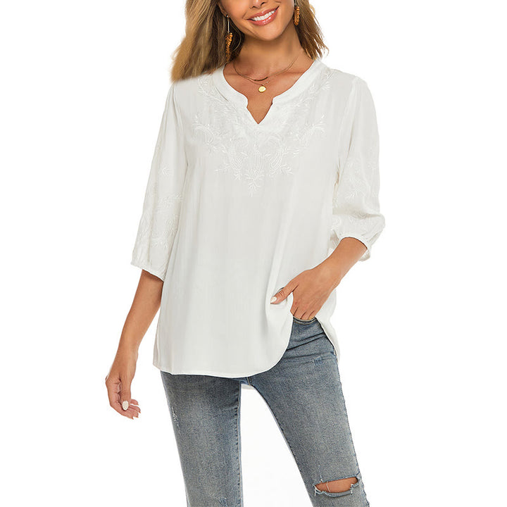 Buddha Stones Casual Jednolity Kolor Haft Kwiatowy Rękaw Trzy Czwarte Dekolt V Bawełna Damska Koszulka T-shirt