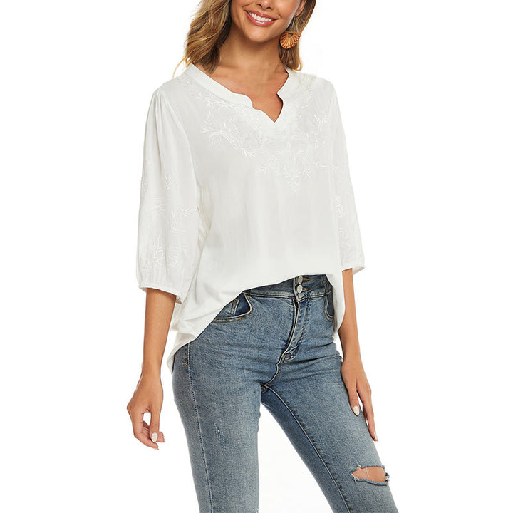 Buddha Stones Casual Jednolity Kolor Haft Kwiatowy Rękaw Trzy Czwarte Dekolt V Bawełna Damska Koszulka T-shirt