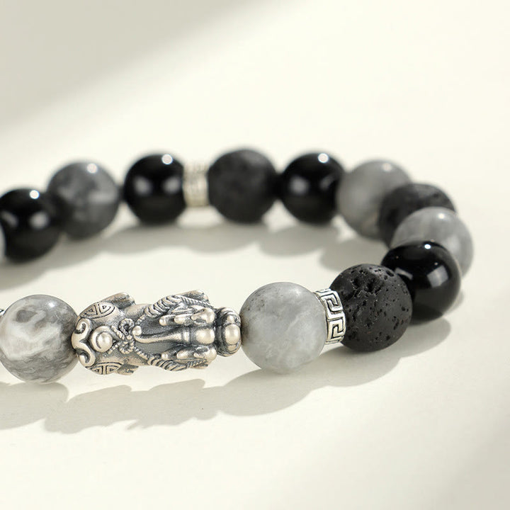 Buddha Stones 999 Srebro Sterlingowe PiXiu Czarny Onyks Szary Jaspis Bransoletka Ochronna z Lawy