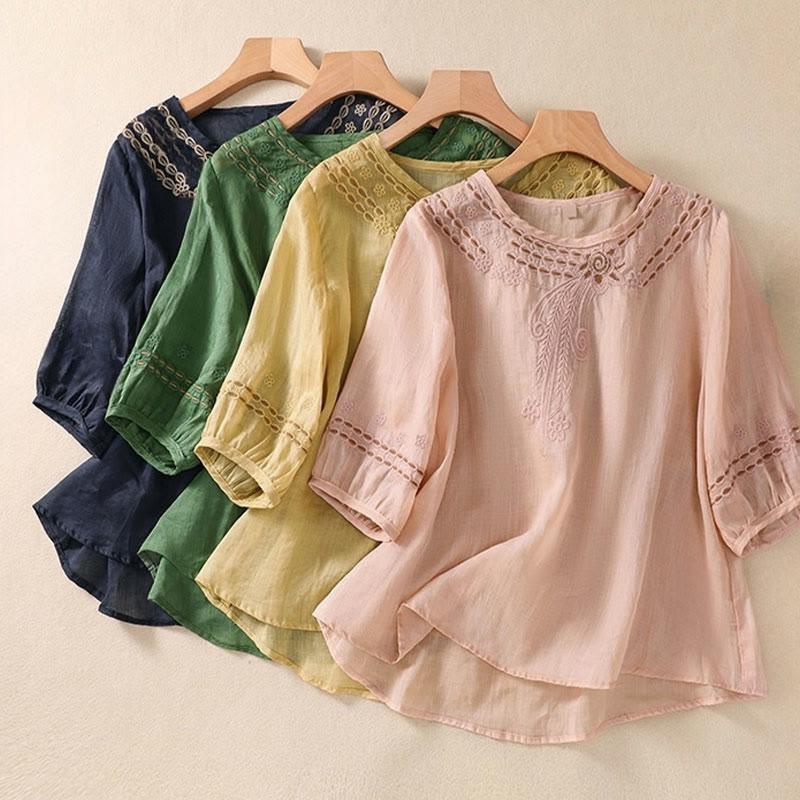 Buddha Stones Artystyczny Gładki Kwiatowy Haftowany Wzór Okrągły Dekolt Bufiaste Pół Rękawy Bawełna Len Damska Koszulka T-shirt - image 25