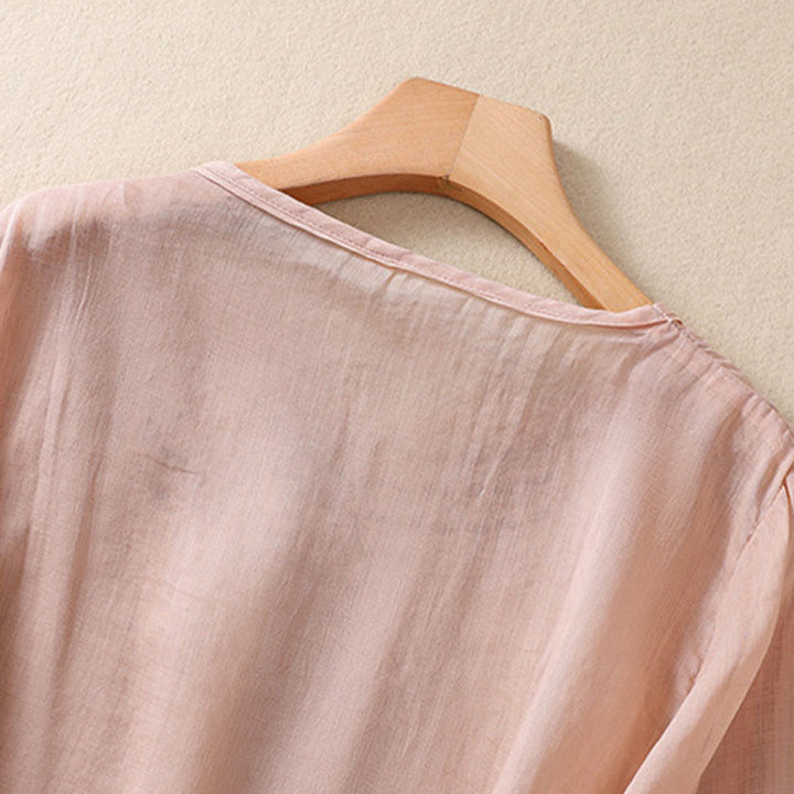 Buddha Stones Artystyczny Gładki Kwiatowy Haftowany Wzór Okrągły Dekolt Bufiaste Pół Rękawy Bawełna Len Damska Koszulka T-shirt - image 8