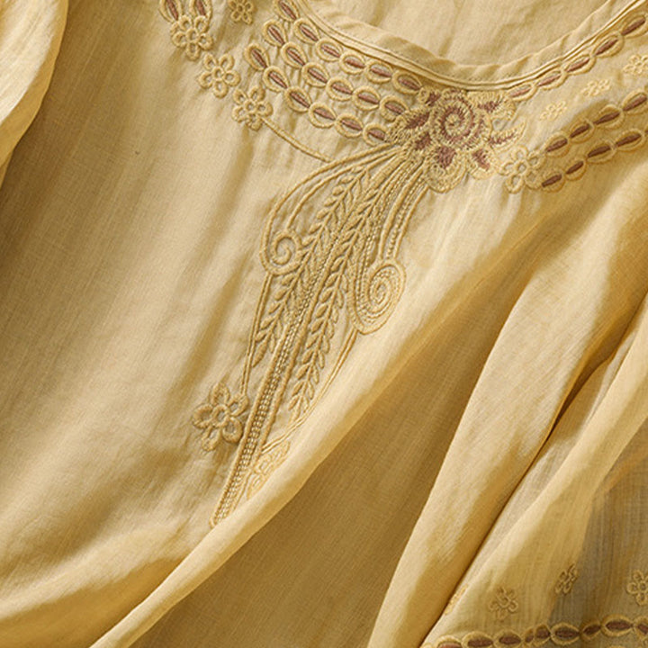 Buddha Stones Artystyczny Gładki Kwiatowy Haftowany Wzór Okrągły Dekolt Bufiaste Pół Rękawy Bawełna Len Damska Koszulka T-shirt - image 15