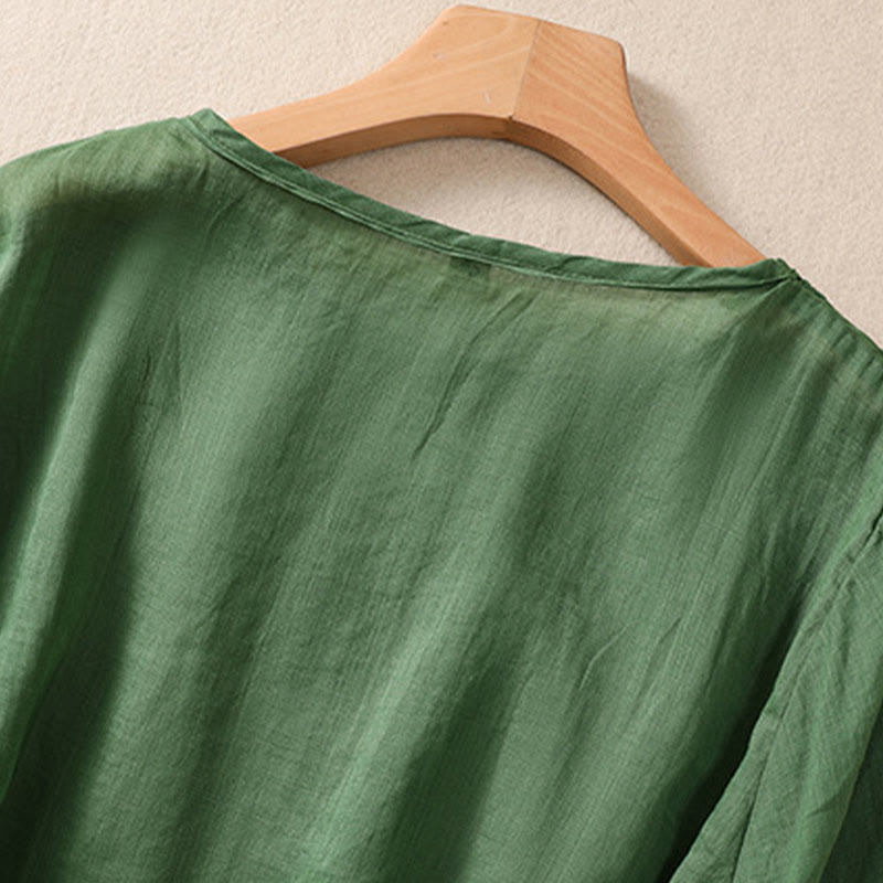 Buddha Stones Artystyczny Gładki Kwiatowy Haftowany Wzór Okrągły Dekolt Bufiaste Pół Rękawy Bawełna Len Damska Koszulka T-shirt - image 21