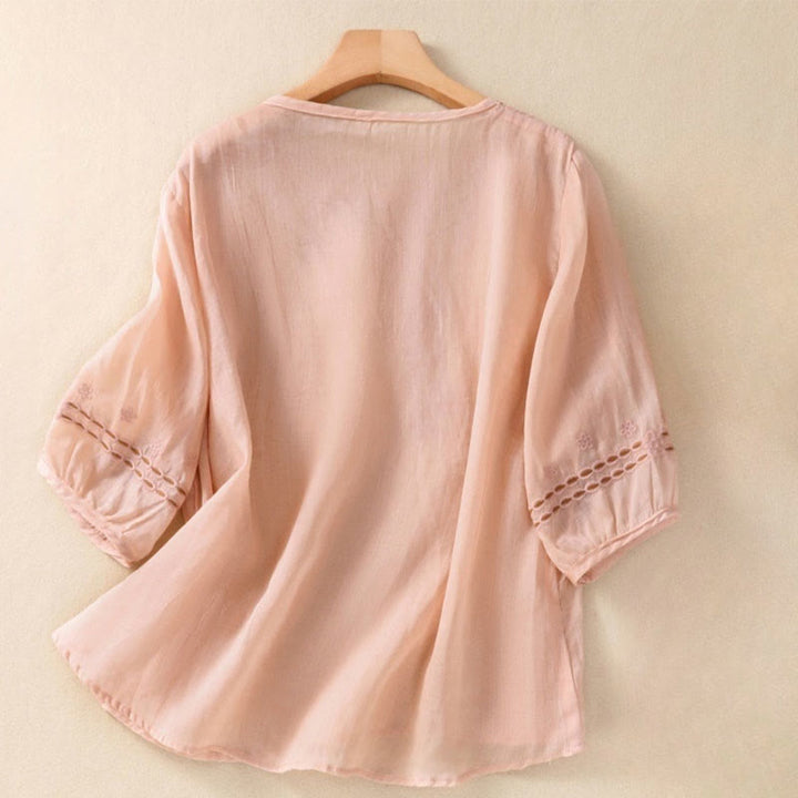 Buddha Stones Artystyczny Gładki Kwiatowy Haftowany Wzór Okrągły Dekolt Bufiaste Pół Rękawy Bawełna Len Damska Koszulka T-shirt - MistyRose - US8-10，UK/AU12-14，EU40-42 (2XL) - image 5