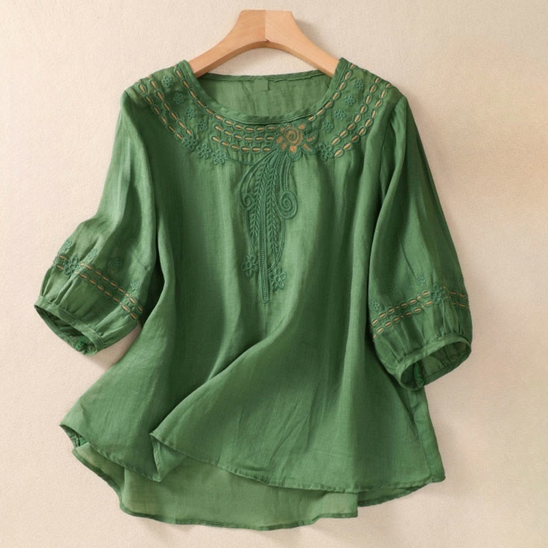 Buddha Stones Artystyczny Gładki Kwiatowy Haftowany Wzór Okrągły Dekolt Bufiaste Pół Rękawy Bawełna Len Damska Koszulka T-shirt - SeaGreen - US8-10，UK/AU12-14，EU40-42 (2XL) - image 19