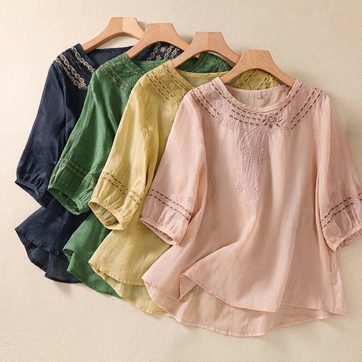 Buddha Stones Artystyczny Gładki Kwiatowy Haftowany Wzór Okrągły Dekolt Bufiaste Pół Rękawy Bawełna Len Damska Koszulka T-shirt - image 25