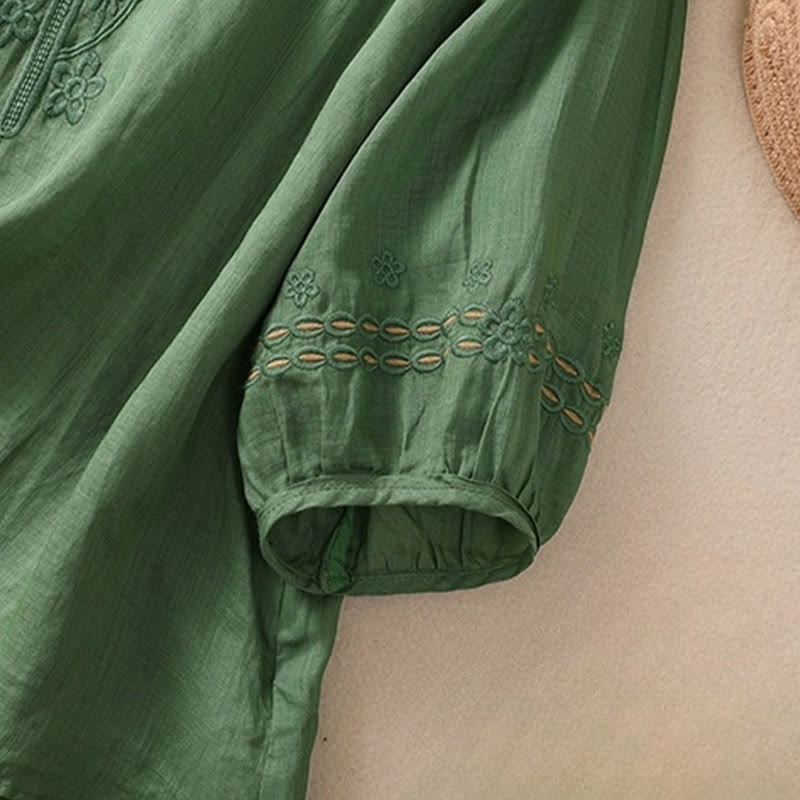 Buddha Stones Artystyczny Gładki Kwiatowy Haftowany Wzór Okrągły Dekolt Bufiaste Pół Rękawy Bawełna Len Damska Koszulka T-shirt - image 23