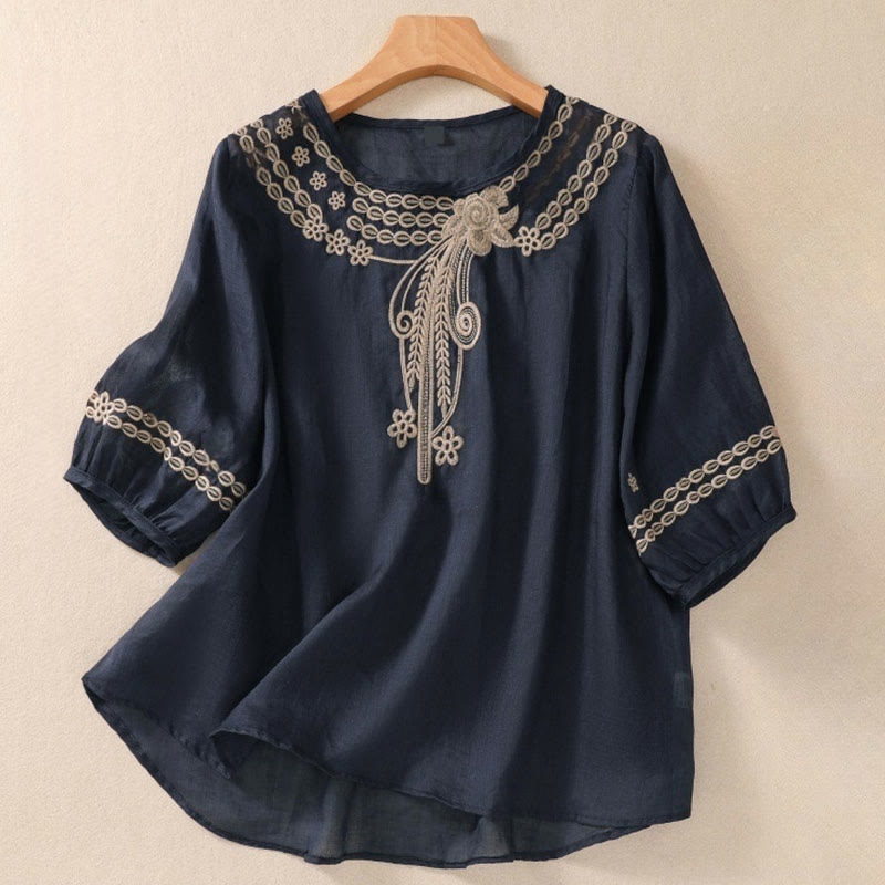 Buddha Stones Artystyczny Gładki Kwiatowy Haftowany Wzór Okrągły Dekolt Bufiaste Pół Rękawy Bawełna Len Damska Koszulka T-shirt - DarkSlateBlue - US8-10，UK/AU12-14，EU40-42 (2XL) - image 0