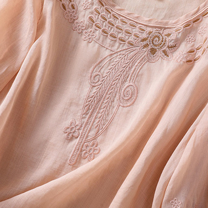 Buddha Stones Artystyczny Gładki Kwiatowy Haftowany Wzór Okrągły Dekolt Bufiaste Pół Rękawy Bawełna Len Damska Koszulka T-shirt - image 6