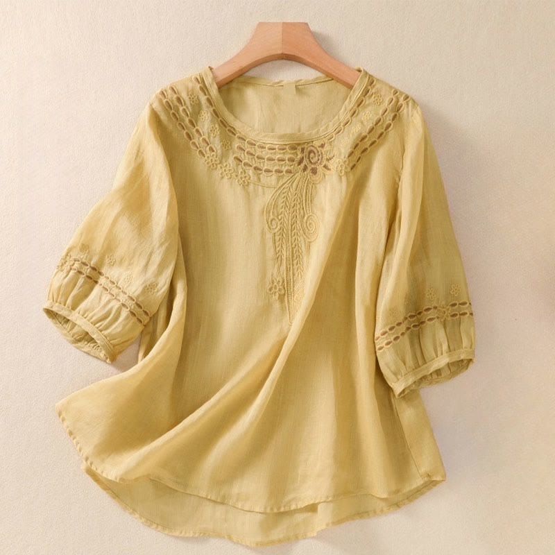 Buddha Stones Artystyczny Gładki Kwiatowy Haftowany Wzór Okrągły Dekolt Bufiaste Pół Rękawy Bawełna Len Damska Koszulka T-shirt - Khaki - US8-10，UK/AU12-14，EU40-42 (2XL) - image 12