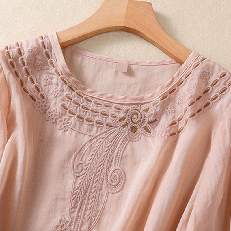 Buddha Stones Artystyczny Gładki Kwiatowy Haftowany Wzór Okrągły Dekolt Bufiaste Pół Rękawy Bawełna Len Damska Koszulka T-shirt - image 7