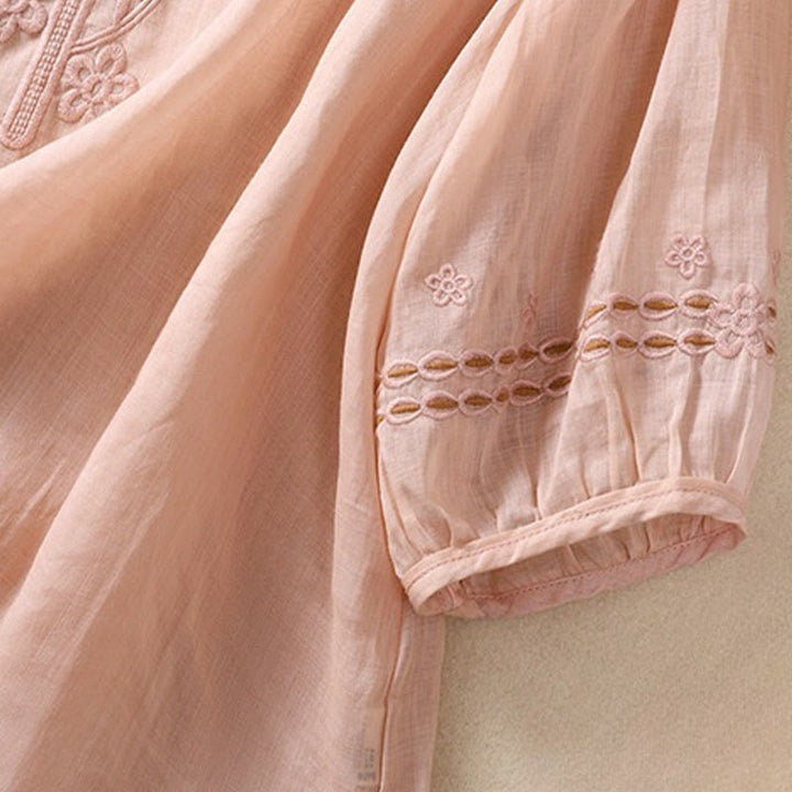 Buddha Stones Artystyczny Gładki Kwiatowy Haftowany Wzór Okrągły Dekolt Bufiaste Pół Rękawy Bawełna Len Damska Koszulka T-shirt - image 9