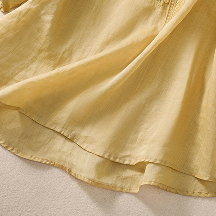 Buddha Stones Artystyczny Gładki Kwiatowy Haftowany Wzór Okrągły Dekolt Bufiaste Pół Rękawy Bawełna Len Damska Koszulka T-shirt - image 18