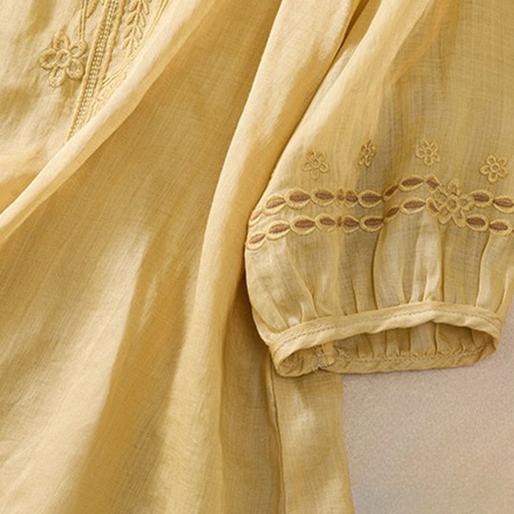 Buddha Stones Artystyczny Gładki Kwiatowy Haftowany Wzór Okrągły Dekolt Bufiaste Pół Rękawy Bawełna Len Damska Koszulka T-shirt - image 17