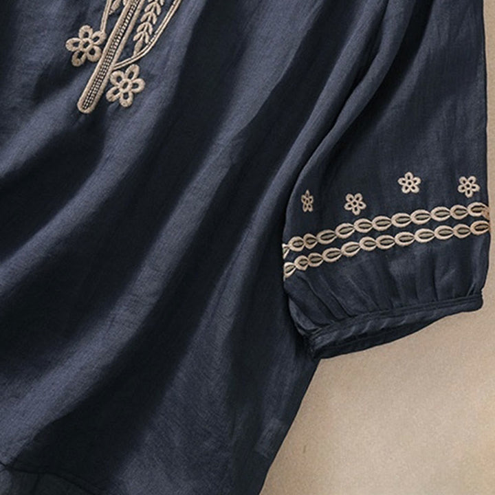 Buddha Stones Artystyczny Gładki Kwiatowy Haftowany Wzór Okrągły Dekolt Bufiaste Pół Rękawy Bawełna Len Damska Koszulka T-shirt - image 3