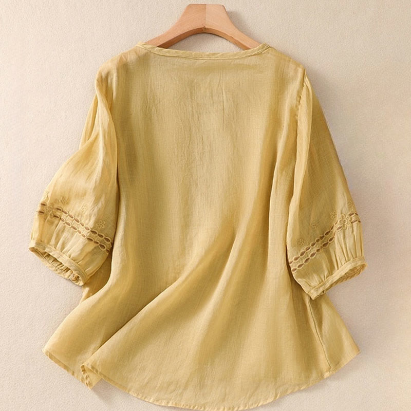 Buddha Stones Artystyczny Gładki Kwiatowy Haftowany Wzór Okrągły Dekolt Bufiaste Pół Rękawy Bawełna Len Damska Koszulka T-shirt - image 13