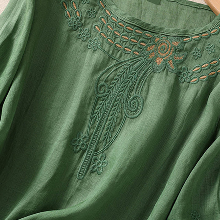 Buddha Stones Artystyczny Gładki Kwiatowy Haftowany Wzór Okrągły Dekolt Bufiaste Pół Rękawy Bawełna Len Damska Koszulka T-shirt - image 22