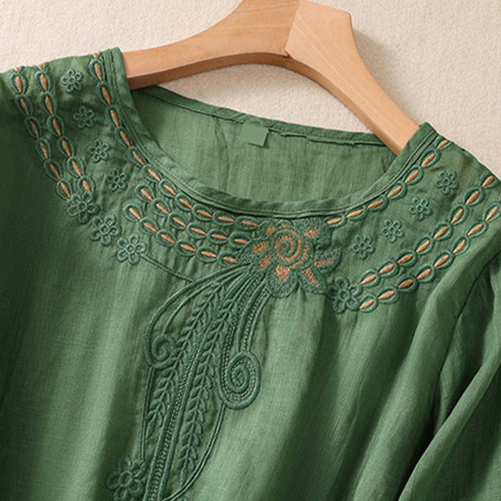 Buddha Stones Artystyczny Gładki Kwiatowy Haftowany Wzór Okrągły Dekolt Bufiaste Pół Rękawy Bawełna Len Damska Koszulka T-shirt - image 20