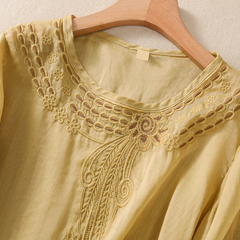 Buddha Stones Artystyczny Gładki Kwiatowy Haftowany Wzór Okrągły Dekolt Bufiaste Pół Rękawy Bawełna Len Damska Koszulka T-shirt - image 14