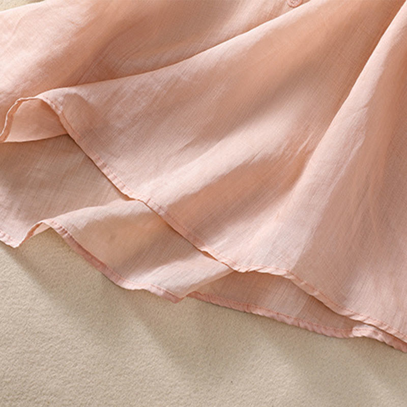 Buddha Stones Artystyczny Gładki Kwiatowy Haftowany Wzór Okrągły Dekolt Bufiaste Pół Rękawy Bawełna Len Damska Koszulka T-shirt - image 10