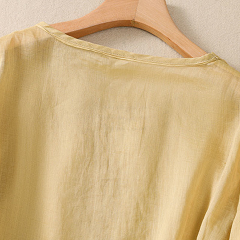 Buddha Stones Artystyczny Gładki Kwiatowy Haftowany Wzór Okrągły Dekolt Bufiaste Pół Rękawy Bawełna Len Damska Koszulka T-shirt - image 16