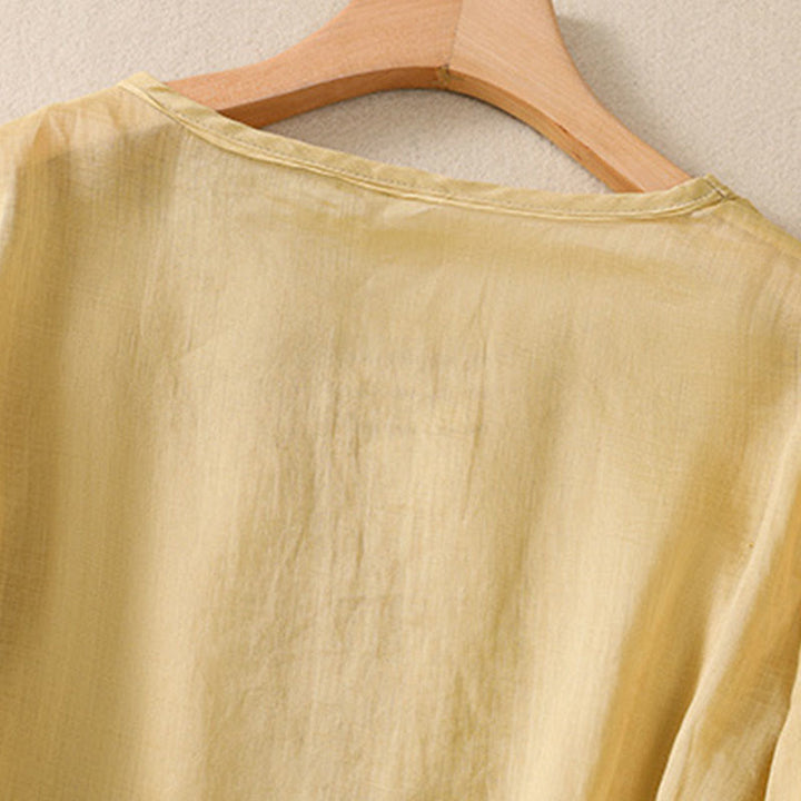 Buddha Stones Artystyczny Gładki Kwiatowy Haftowany Wzór Okrągły Dekolt Bufiaste Pół Rękawy Bawełna Len Damska Koszulka T-shirt - image 16