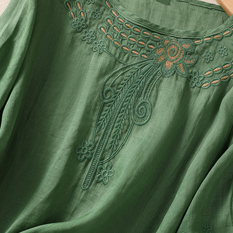 Buddha Stones Artystyczny Gładki Kwiatowy Haftowany Wzór Okrągły Dekolt Bufiaste Pół Rękawy Bawełna Len Damska Koszulka T-shirt - image 22