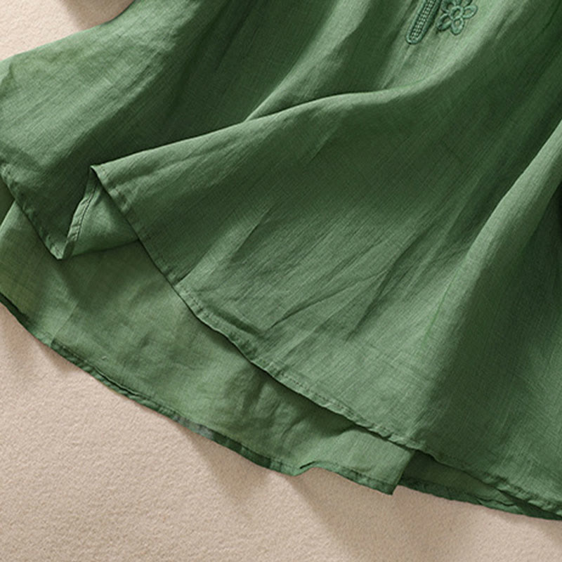 Buddha Stones Artystyczny Gładki Kwiatowy Haftowany Wzór Okrągły Dekolt Bufiaste Pół Rękawy Bawełna Len Damska Koszulka T-shirt - image 24